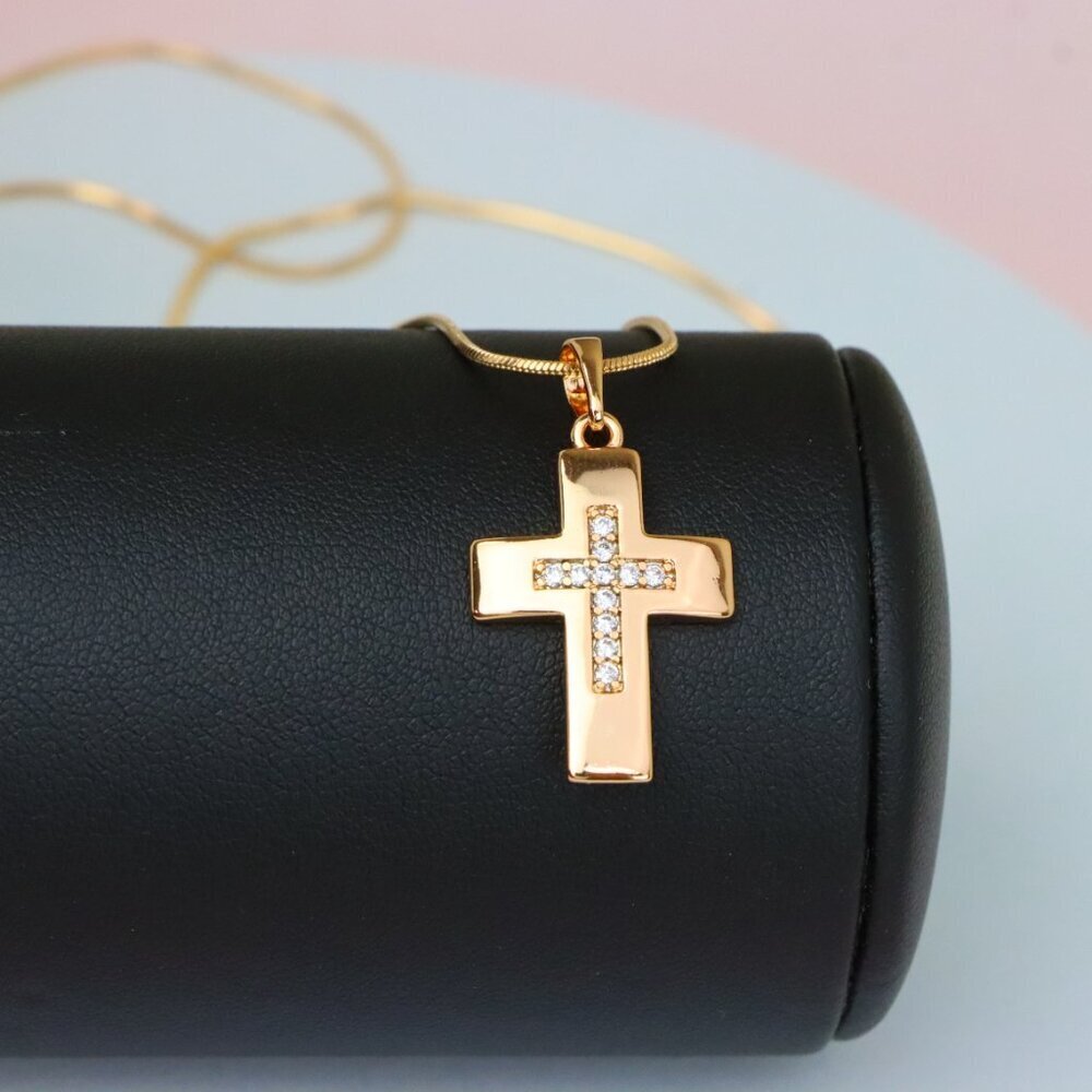 "Rose Gold Cross Pendant with Inset CZ Accents in Glossy Finish, XPPT1847 - Picture 5 of 13